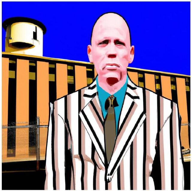 A pasty-faced man wearing a pin-stripe suit, at the prison gates!